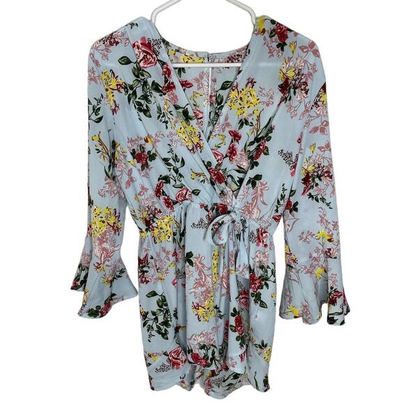 NWOT Amazon Blue Floral Long Sleeve Romper Bell Sleeve BOHO Fall MEDIUM - Picture 1 of 8